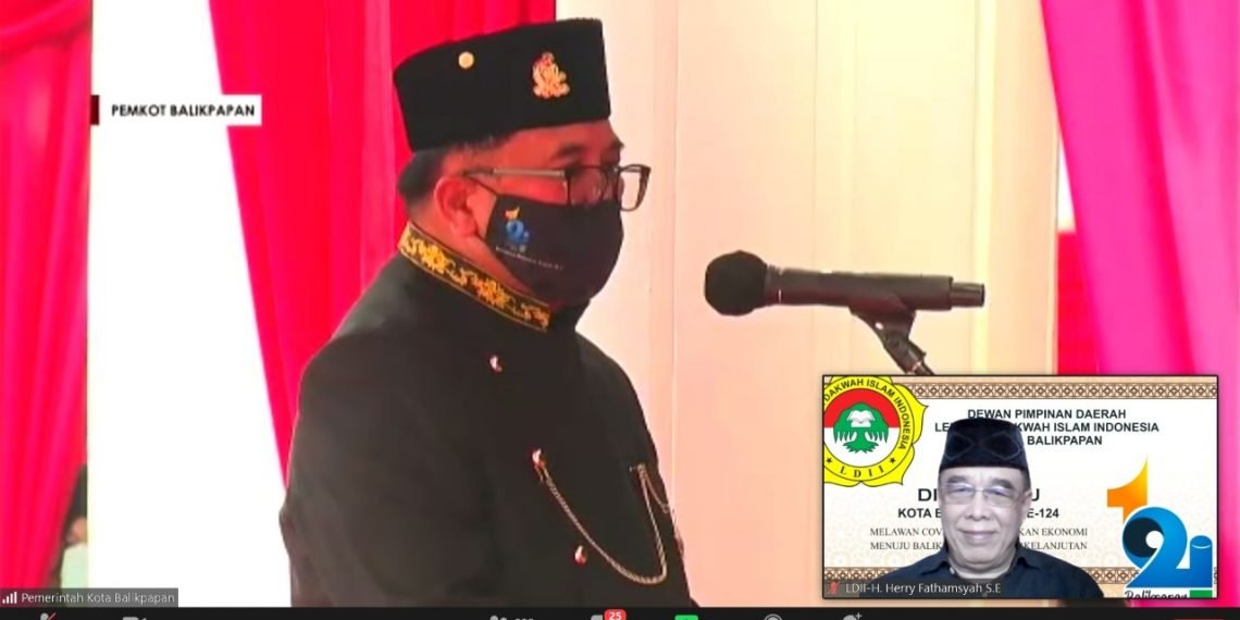 Wali Kota Balikpapan H Rizal Effendi saat memberikan sambutan dalam HUT ke-124 Kota Balikpapan, Rabu (10/2). Foto: Zoom Meeting H Herry